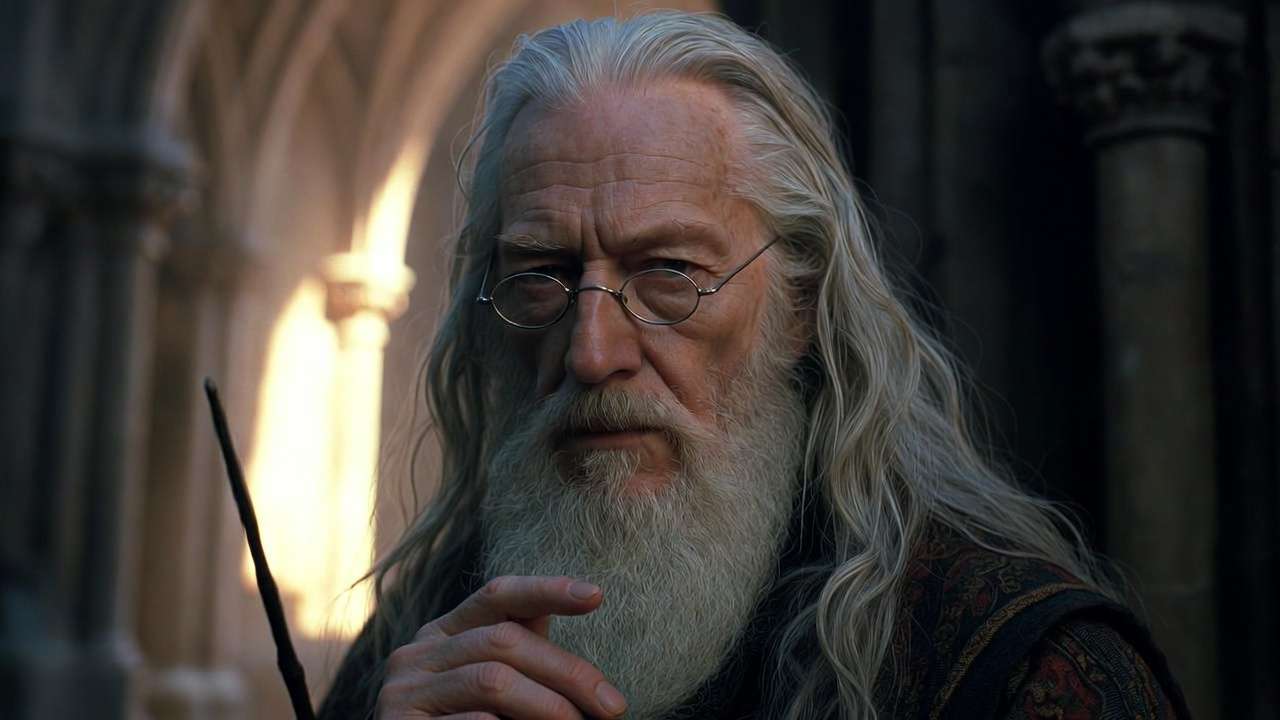 Albus Dumbledore in a thoughtful magical pose, embodying wisdom from the best Harry Potter quotes on life and choices.