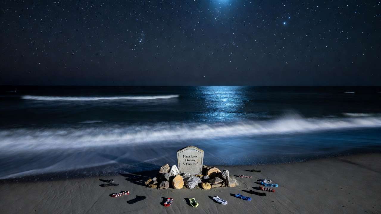 Dobby's grave on the beach with the epitaph "Here Lies Dobby, A Free Elf"