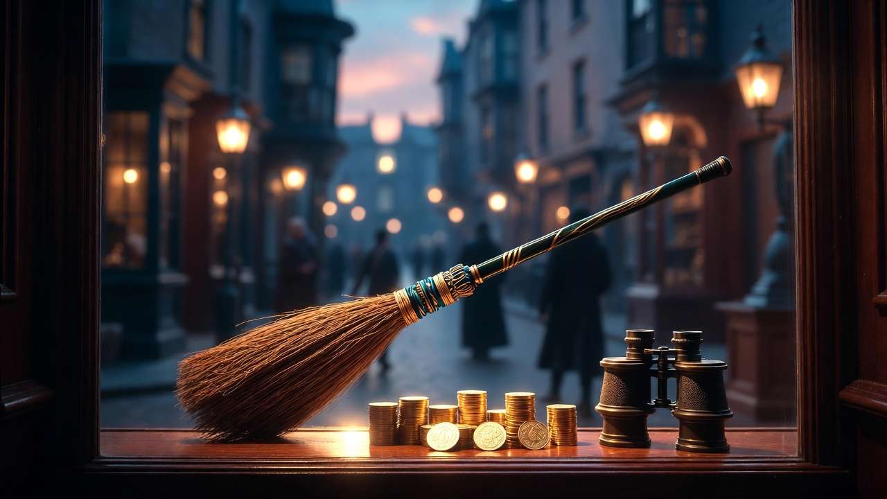 Firebolt broom and stacks of gold Galleons in Diagon Alley luxury shop window
