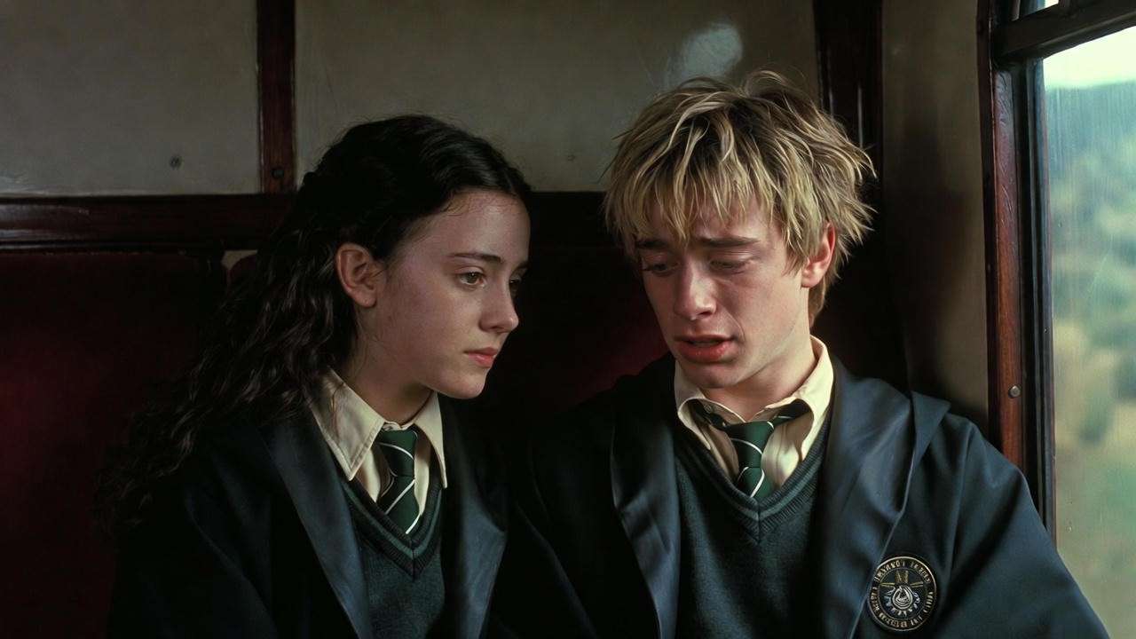 Pansy Parkinson comforting Draco Malfoy on the Hogwarts Express in Harry Potter and the Half-Blood Prince.