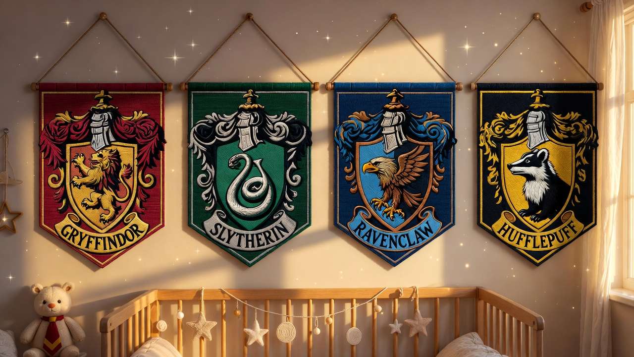 Hogwarts house crests Gryffindor Slytherin Ravenclaw Hufflepuff on nursery wall above crib, Harry Potter baby theme