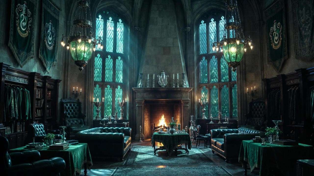 Slytherin common room and dormitory interior in Hogwarts from the Harry Potter series.