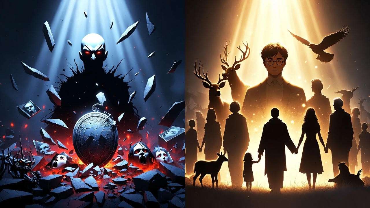 Visual representation of love versus fear theme in Harry Potter: Voldemort and Harry contrasted