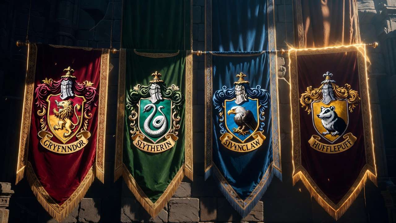 Hogwarts four house crests Gryffindor Slytherin Ravenclaw Hufflepuff banners