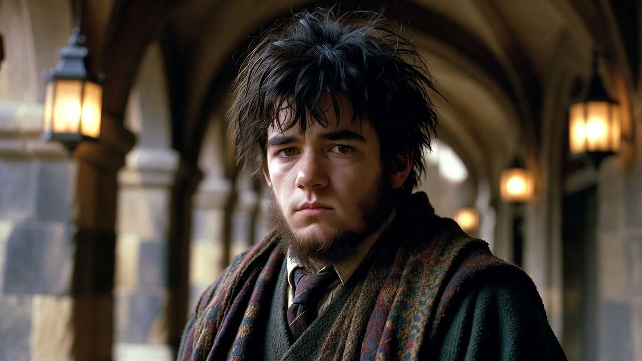 Young Rubeus Hagrid as Hogwarts student, early signs of his wild and haggard future
