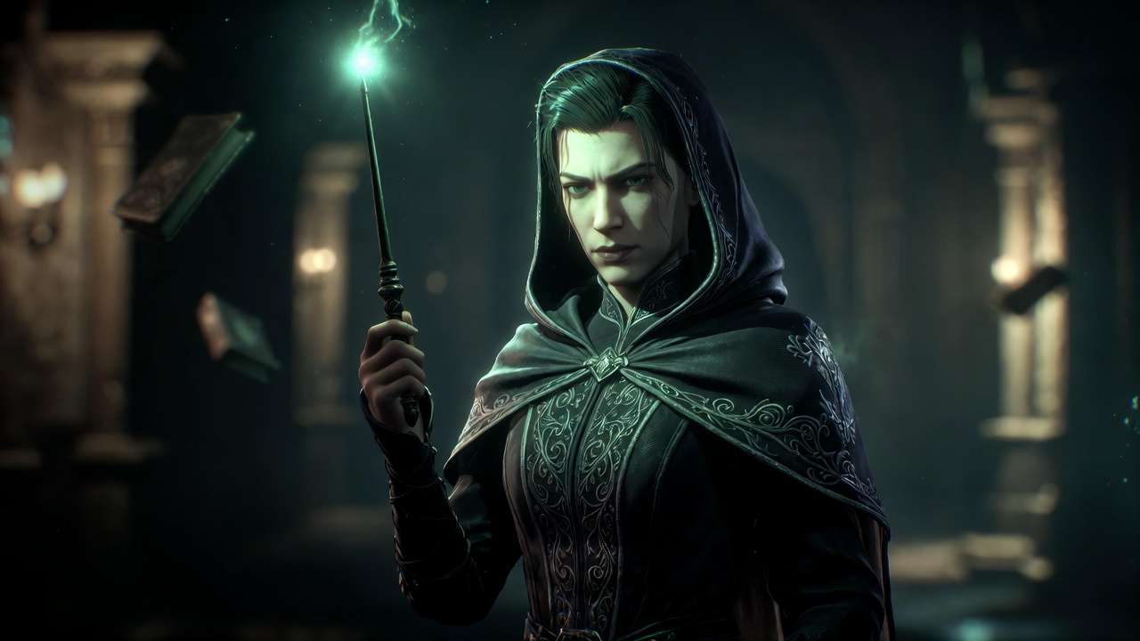 Dark Arts build wizard in Hogwarts Legacy holding wand with green curse aura for Avada Kedavra mastery