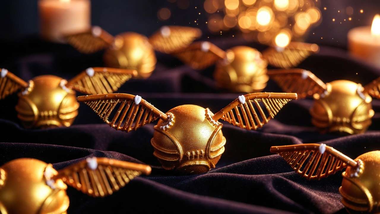 Shiny golden snitch cookies with pretzel wings for Harry Potter themed dessert table