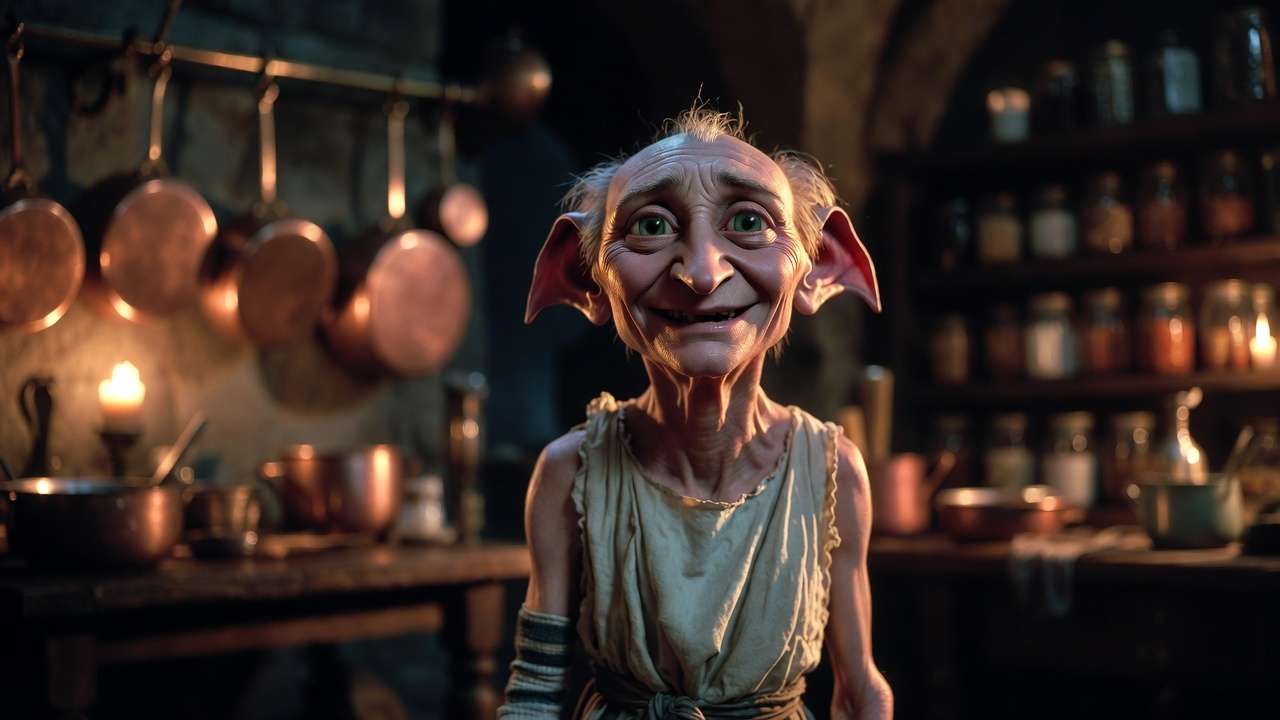 Dobby the house-elf happily working in Hogwarts kitchens after gaining freedom