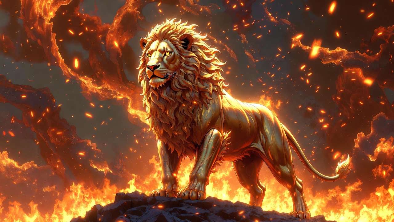 Gryffindor lion symbol with fiery scarlet and gold elements representing bravery and courage