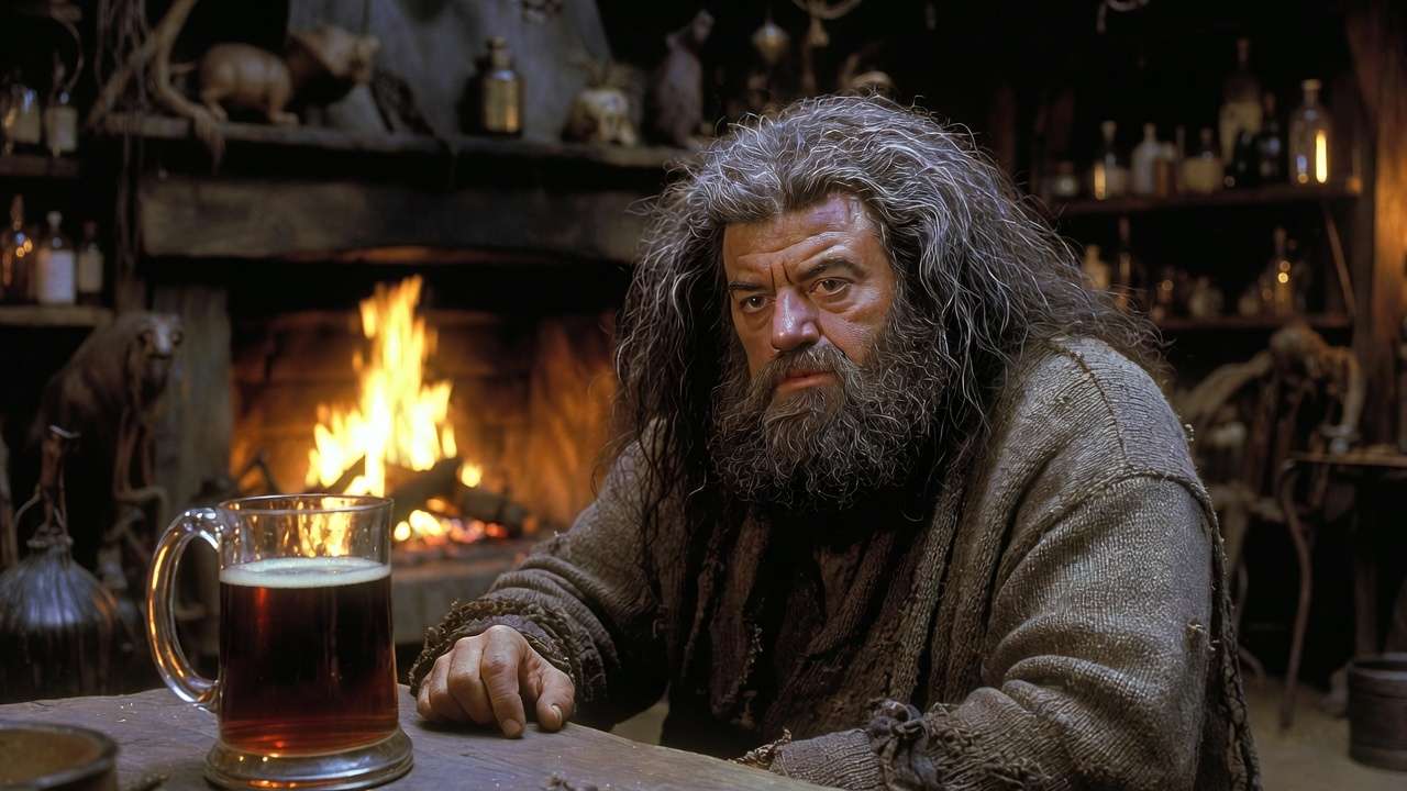 Hagrid looking haggard and reflective with a drink by the fire in his hut Harry Potter scene