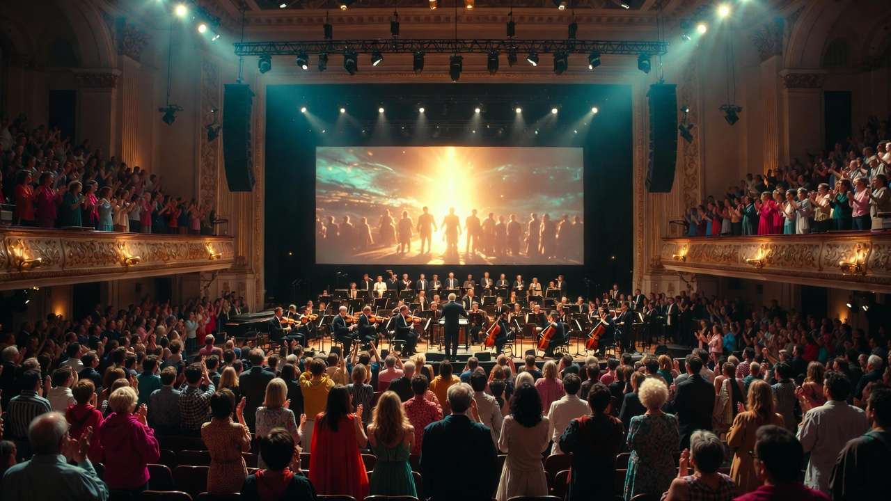 Standing ovation at the end of Harry Potter film concert with live orchestra and fans