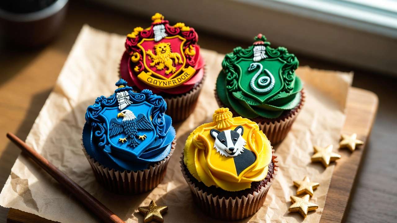 Four Hogwarts house crest cupcakes representing Gryffindor, Slytherin, Ravenclaw and Hufflepuff