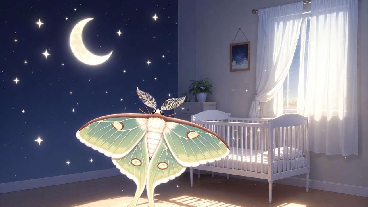 Dreamy nursery with crescent moon, stars, and Luna moth, ethereal Harry Potter Ravenclaw inspired baby room