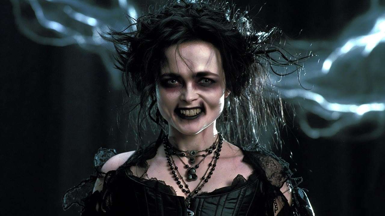 Helena Bonham Carter as Bellatrix Lestrange in her iconic decayed gothic costume from Harry Potter.