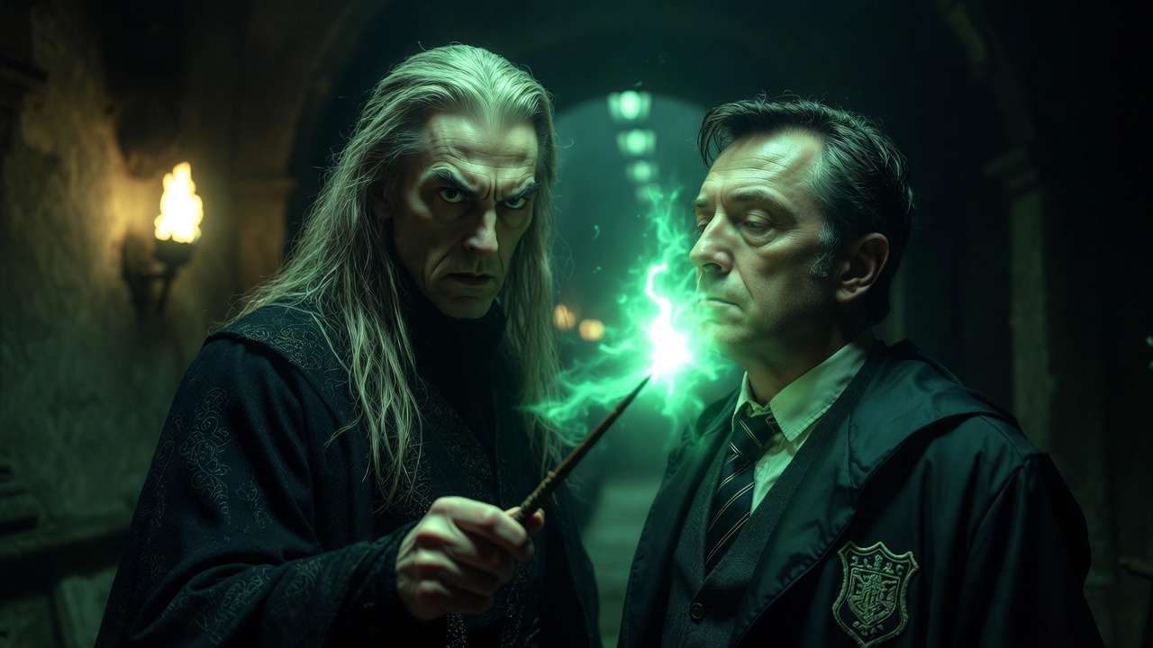 Corban Yaxley using Imperius Curse on Pius Thicknesse to take over Ministry of Magic