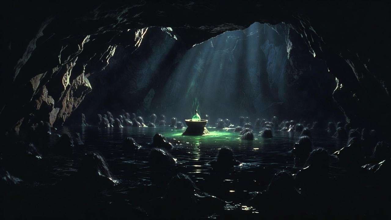 Eerie Horcrux cave with underground lake and emerging Inferi guarding Voldemort's secret