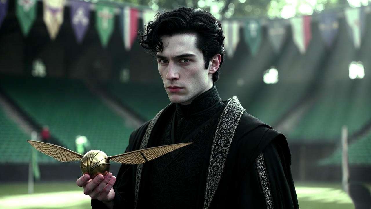 Young Regulus Black as Slytherin Quidditch Seeker holding the golden Snitch at Hogwarts