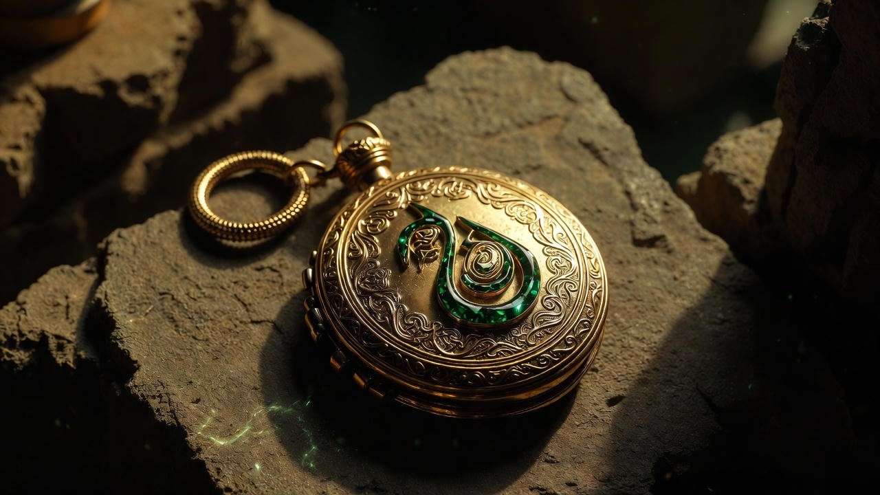 Close-up of Slytherin's locket Horcrux with emerald S emblem from Harry Potter