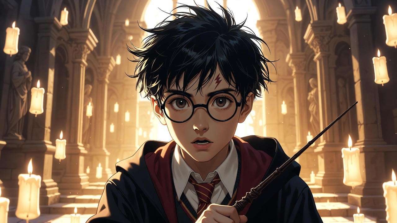 Young Daniel Radcliffe as Harry Potter in classic wizard pose with lightning scar and wand