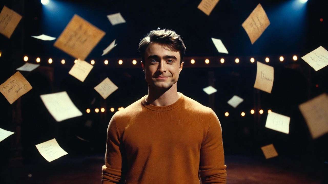 Daniel Radcliffe in promotional style for Every Brilliant Thing Broadway 2026, standing on stage surrounded by notes representing life's joys