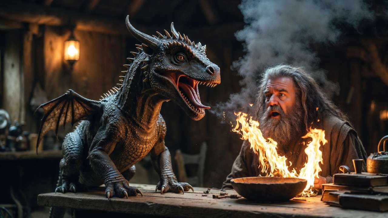 Baby Norbert dragon growing fast and breathing fire on Hagrid's beard, Harry Potter