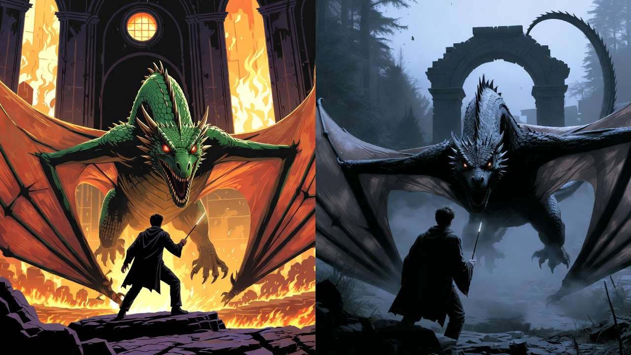 Side-by-side comparison MinaLima vs Karl James Mountford illustration style Harry Potter Goblet of Fire dragon task