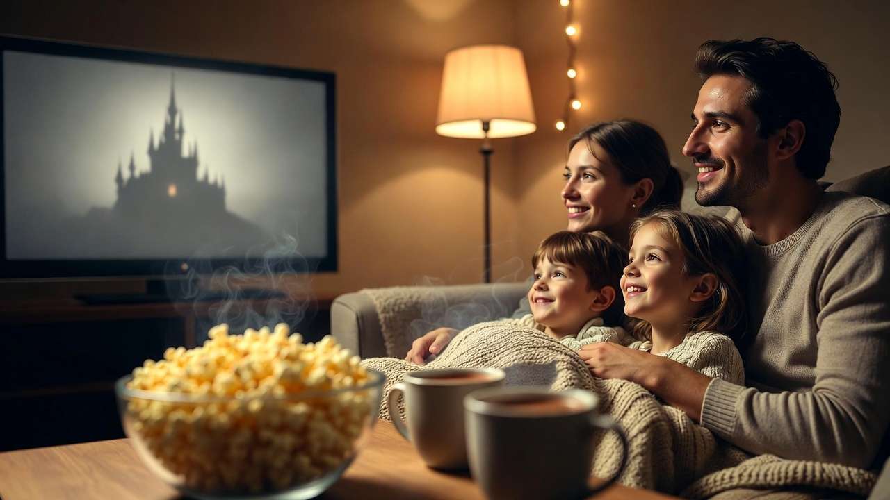Family watching Harry Potter movies together cozy home setting