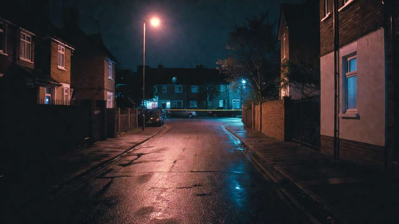 Somber London street scene representing the tragic events surrounding Robert Knox in 2008.