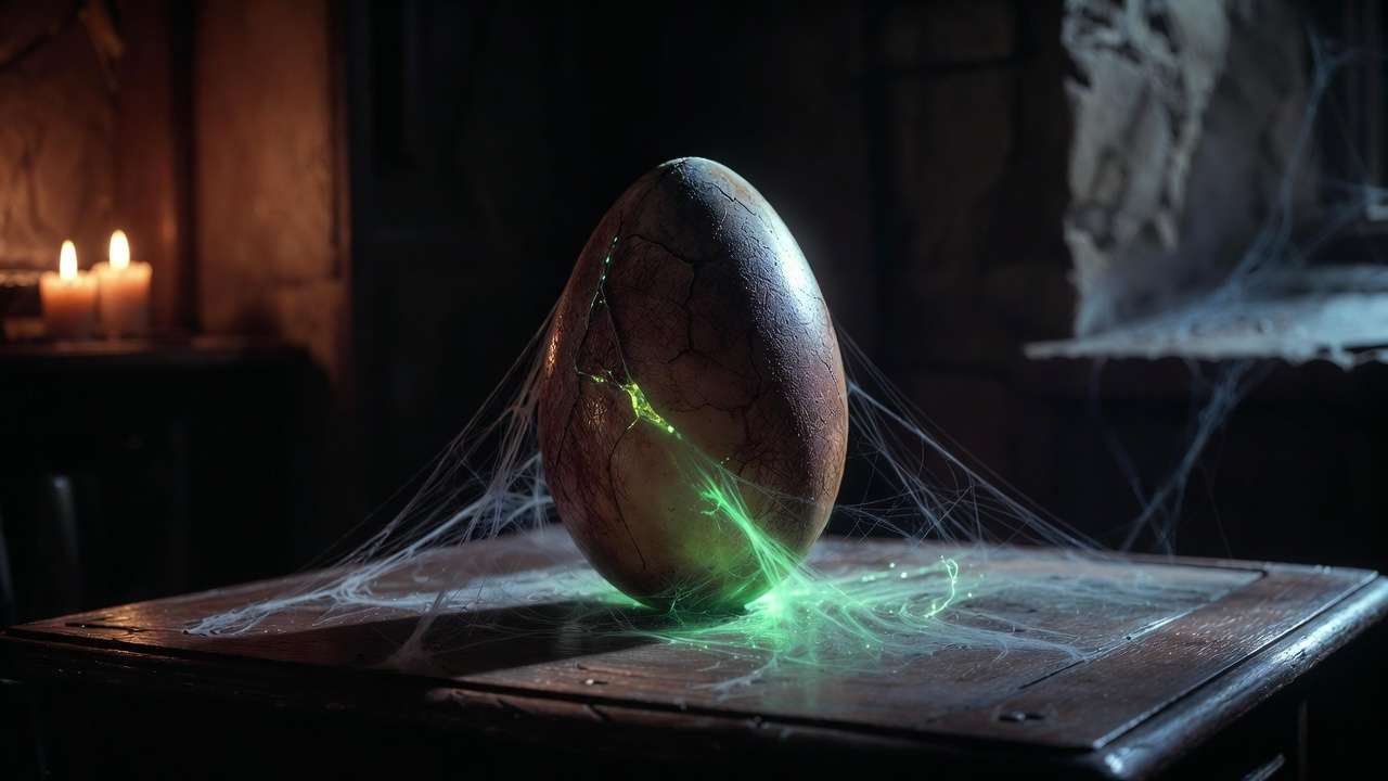 Magical Acromantula egg glowing inside Hagrid's hidden cupboard at Hogwarts, origin of Aragog