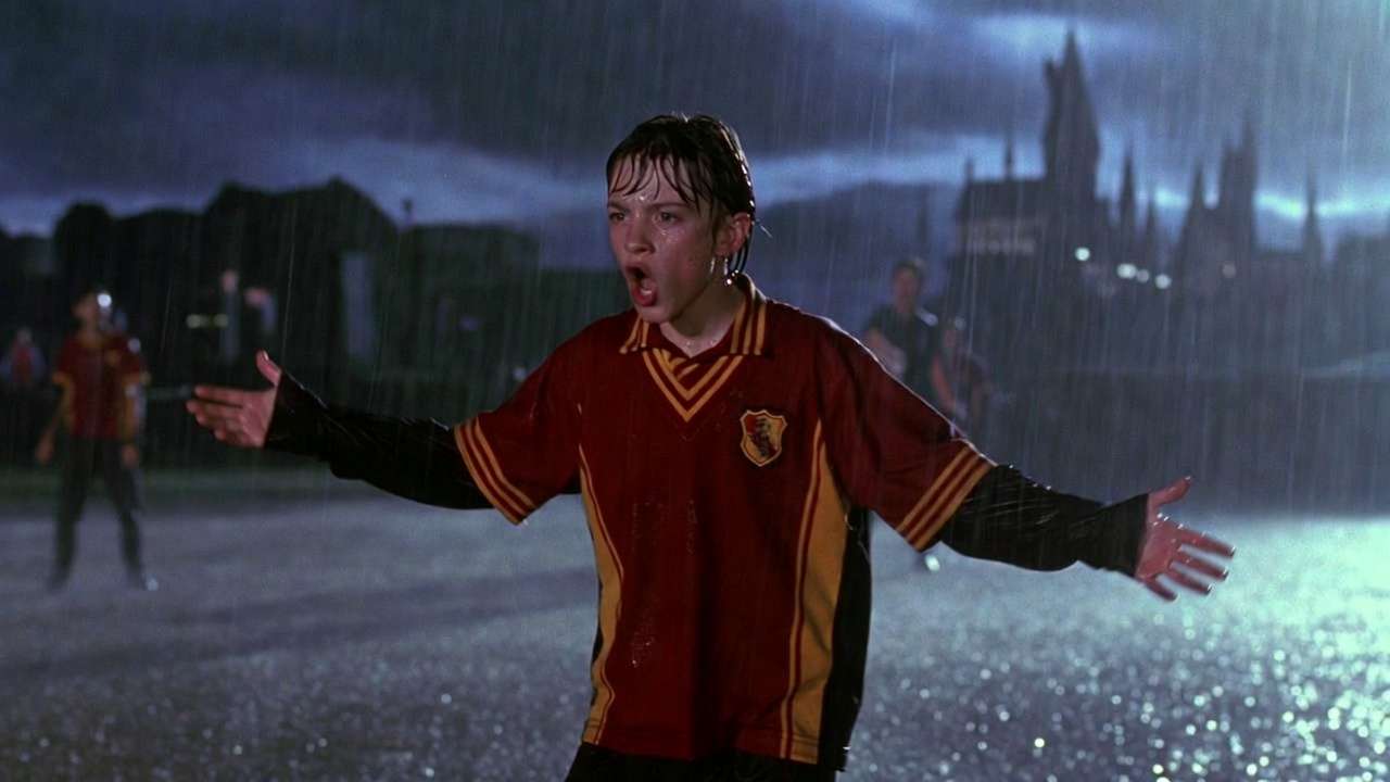 Oliver Wood demonstrating Quidditch tactics in the rain from Harry Potter films