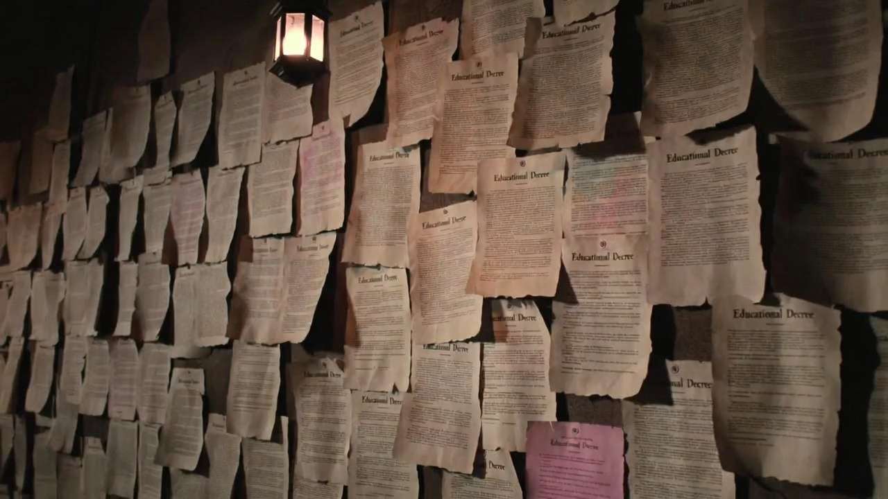 Umbridge-style wall cluster of overlapping Harry Potter Educational Decree printables