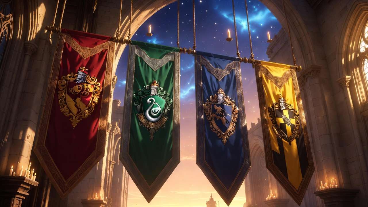 Four Hogwarts house banners in scarlet gold, emerald silver, blue bronze, yellow black hanging in Great Hall