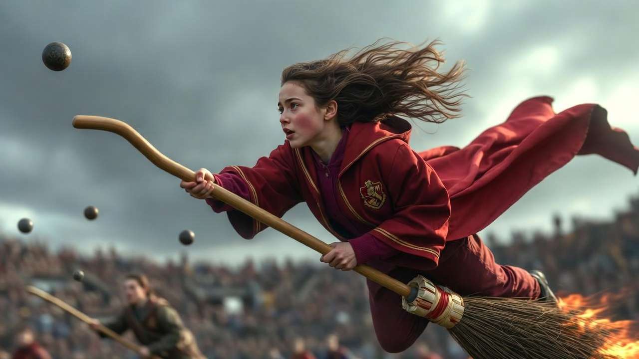 Gryffindor Chaser Katie Bell flying with the Quaffle during a Hogwarts Quidditch match