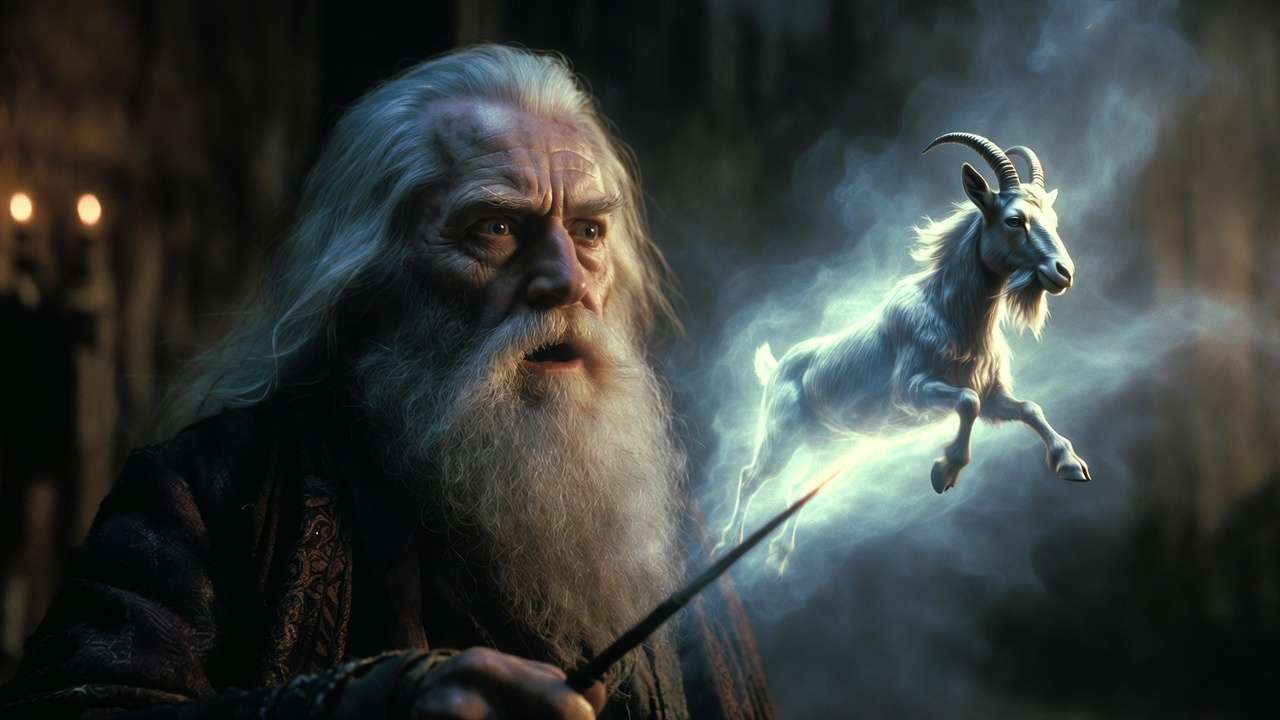 Aberforth Dumbledore casting powerful goat Patronus charm in battle