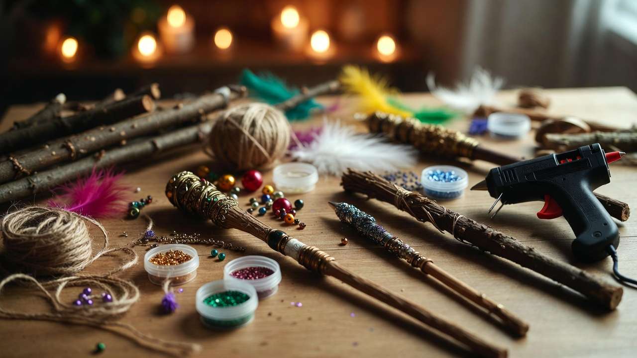 DIY wand crafting station with sticks, beads, and charms for Harry Potter party activity