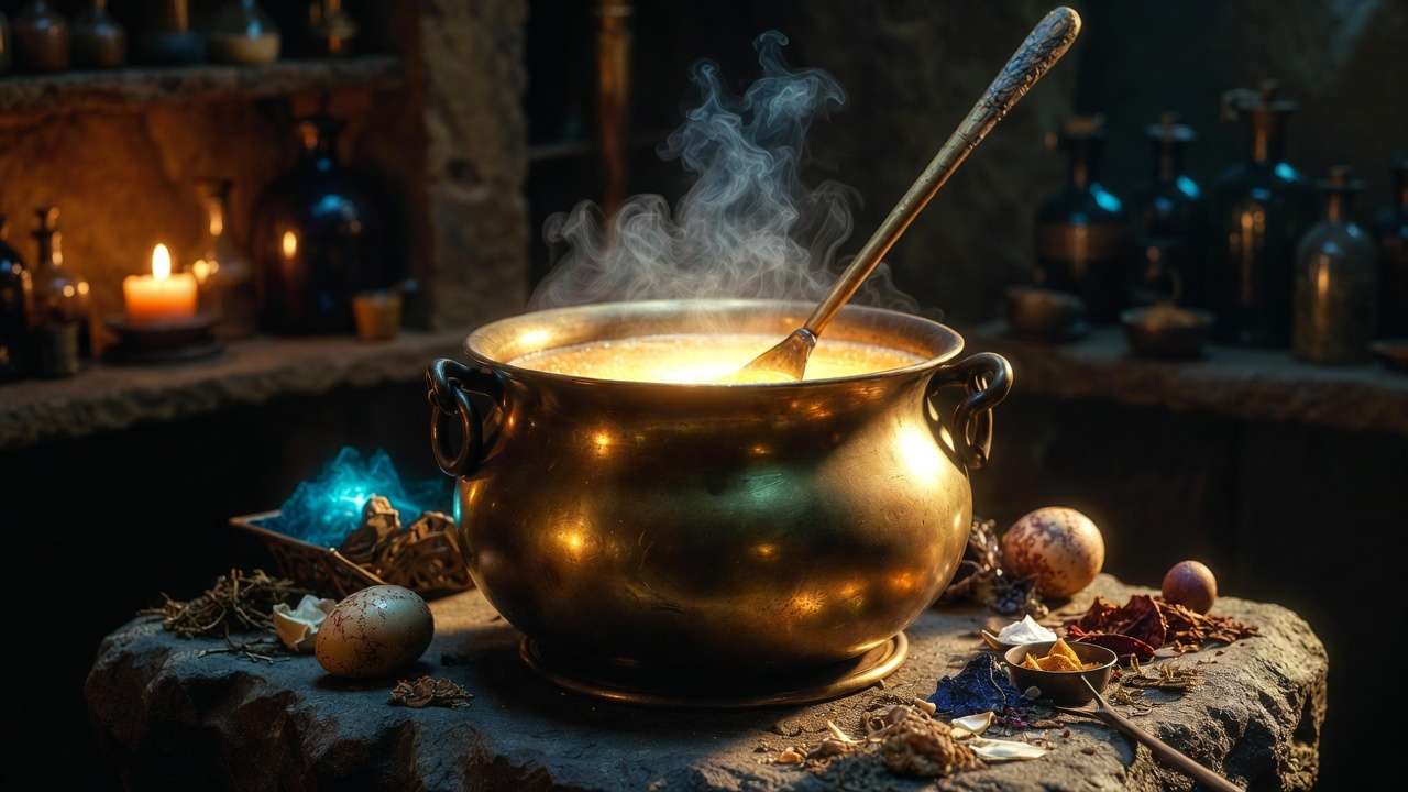 Felix Felicis brewing in cauldron with rare ingredients Harry Potter potion making
