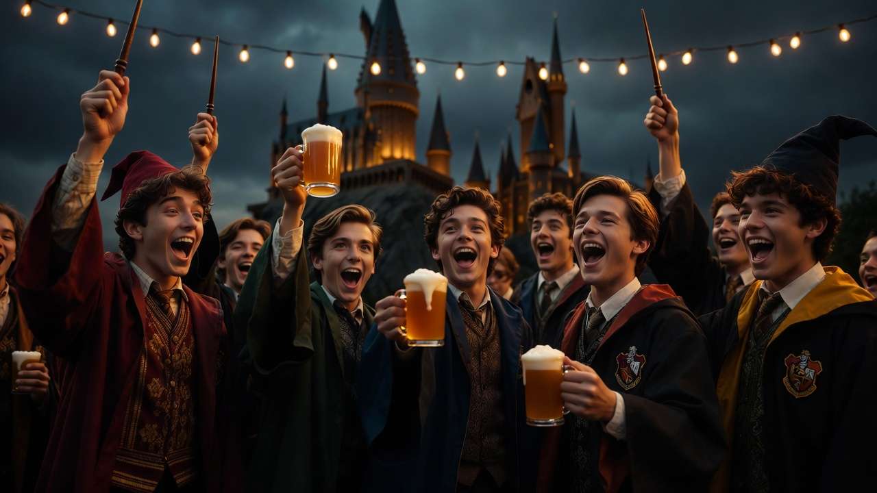 Potterheads in house robes celebrating International Harry Potter Day with butterbeer and wands