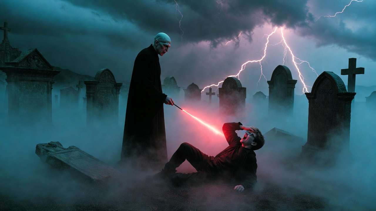 Voldemort using the Cruciatus Curse on Harry Potter in the Little Hangleton graveyard, iconic torture scene