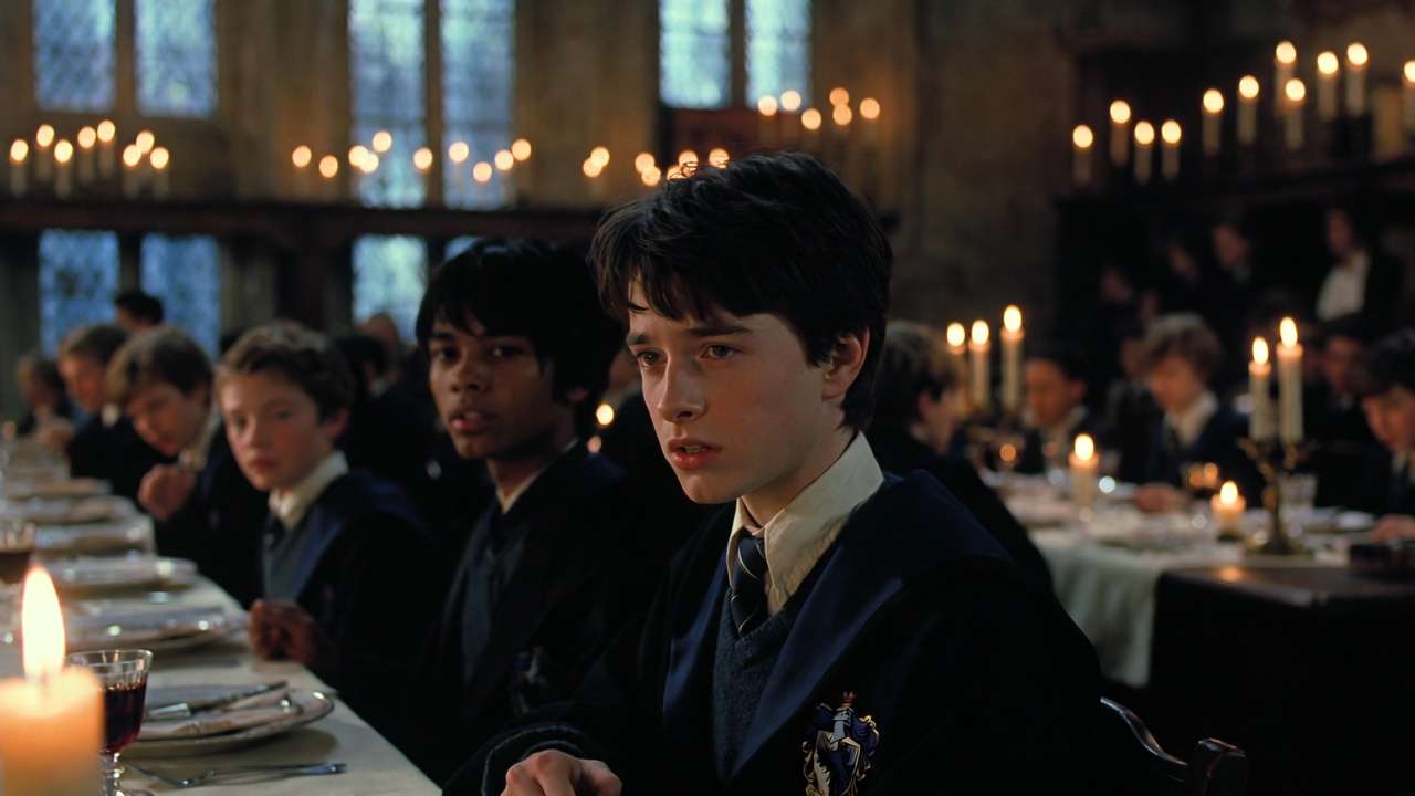 Robert Knox as Marcus Belby at the Slug Club dinner table in Harry Potter and the Half-Blood Prince.
