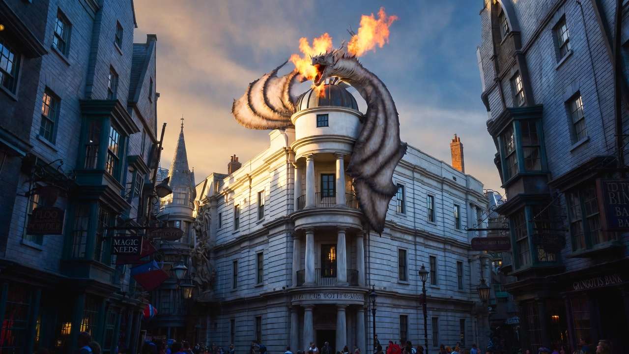 Exterior of Gringotts Wizarding Bank with fire-breathing dragon in Diagon Alley at Universal Studios