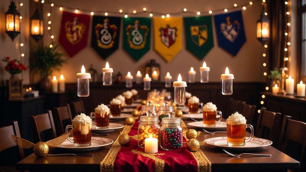 Magical Harry Potter Valentine's Day party table with floating candles, butterbeer, and Honeydukes sweets