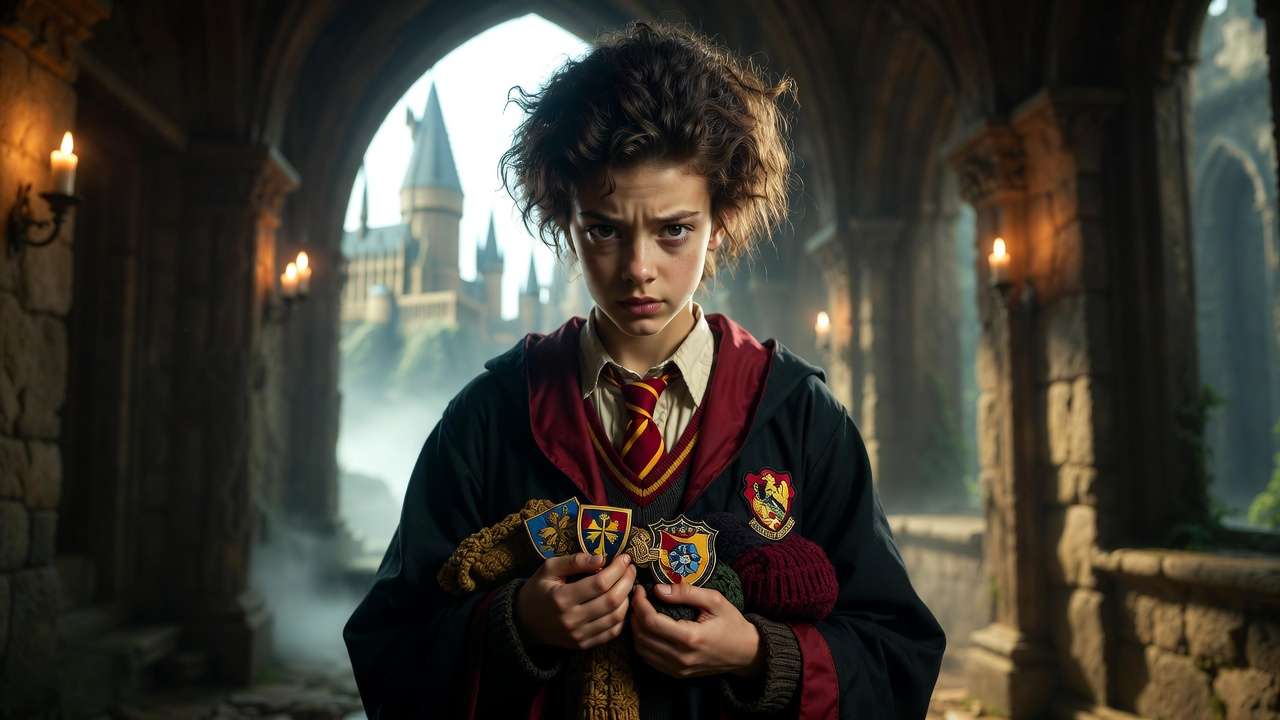 Hermione Granger holding S.P.E.W. badges and knitted hats in Hogwarts corridor, representing the start of her house-elf rights campaign.