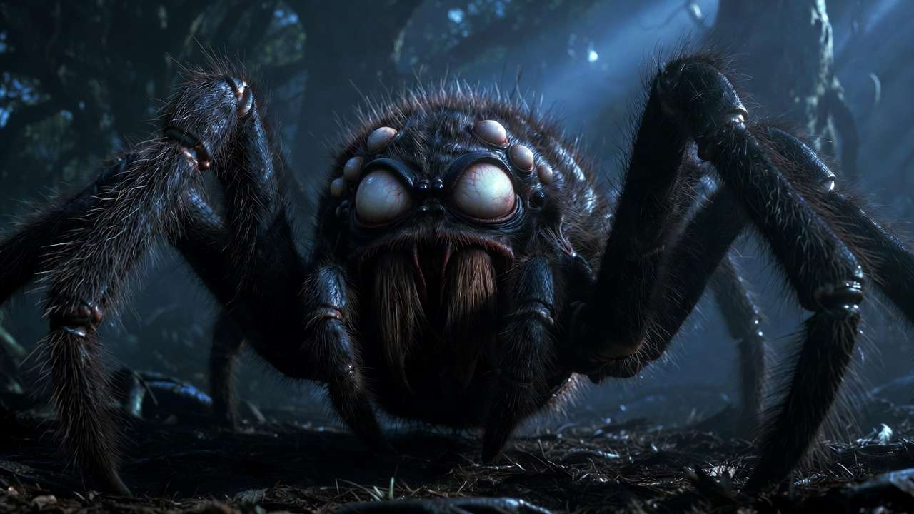 Close-up of Aragog, the giant blind Acromantula with milky eyes and hairy black body in the Forbidden Forest