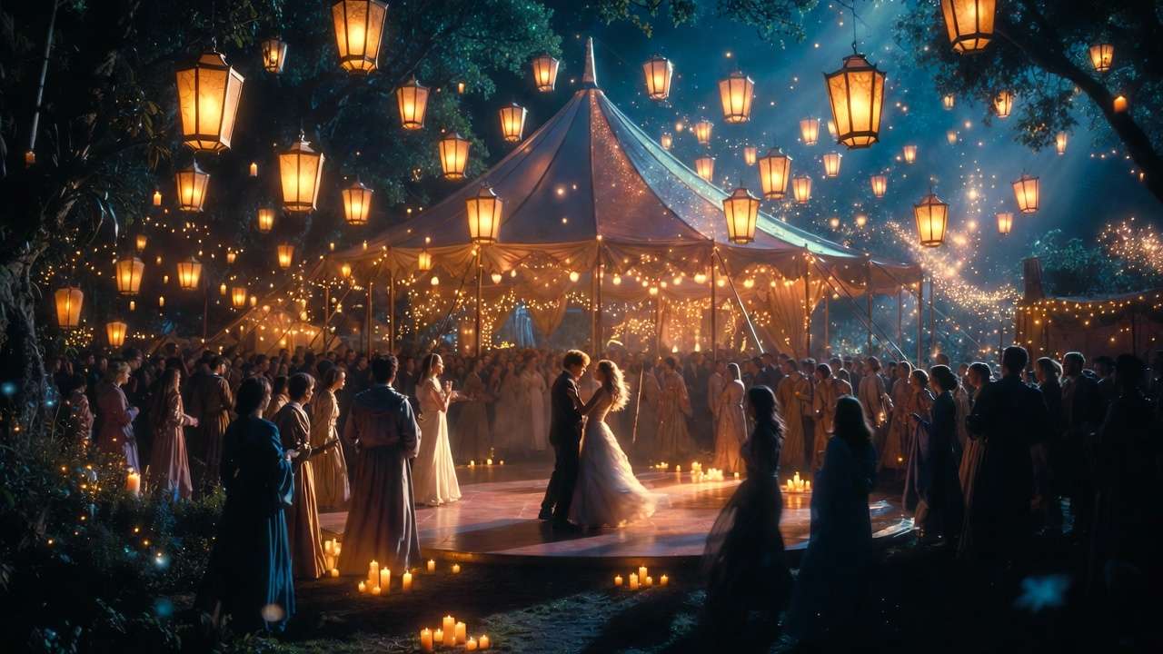 Bill and Fleur's enchanted wedding scene Harry Potter Deathly Hallows magical tent lanterns