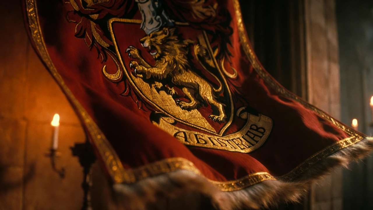 Gryffindor scarlet and gold house banner waving in candlelight