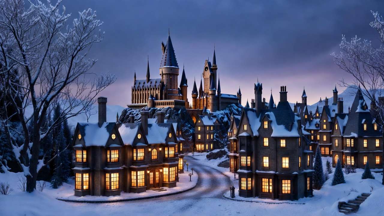 Complete magical Department 56 Harry Potter Village holiday display with Hogwarts Castle and glowing Hogsmeade in winter setting