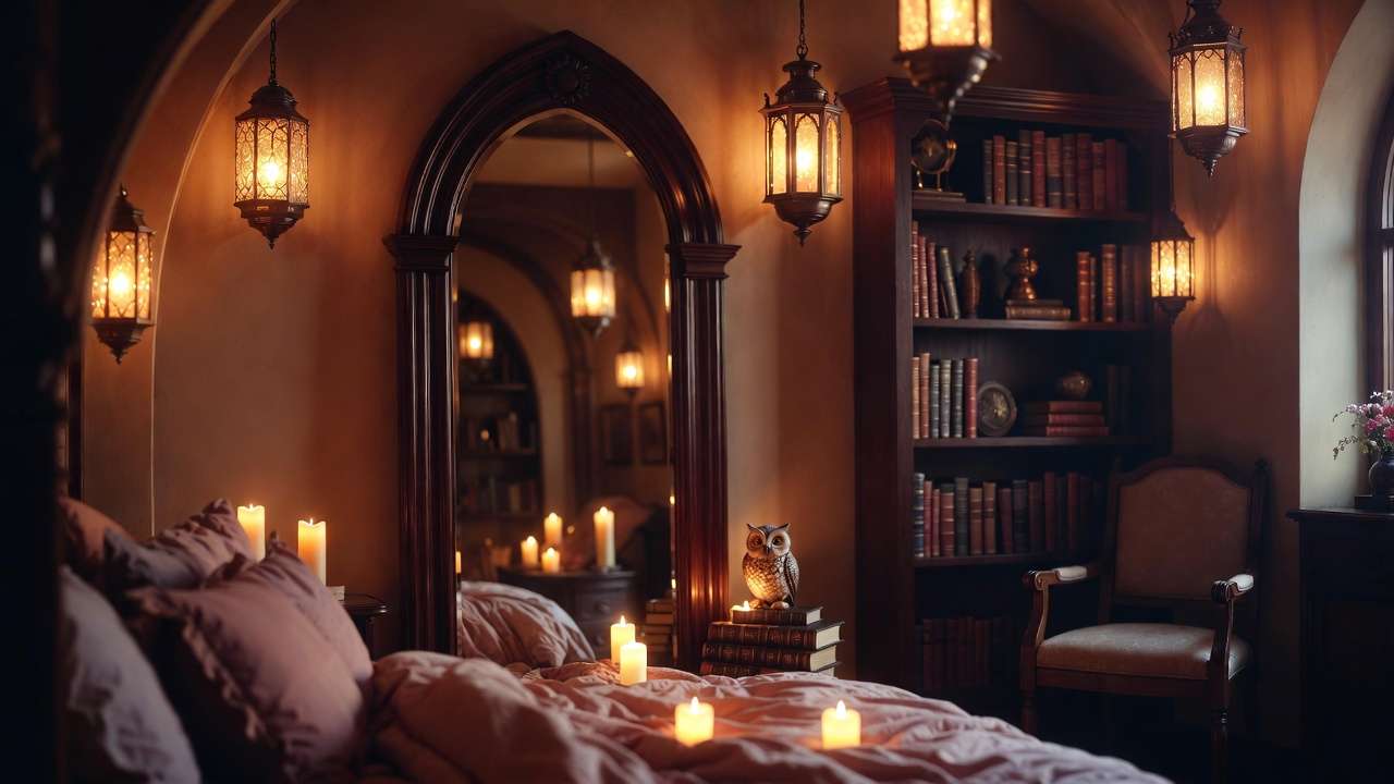 Harry Potter themed bedroom with Pottery Barn mirror and magical decor elements.