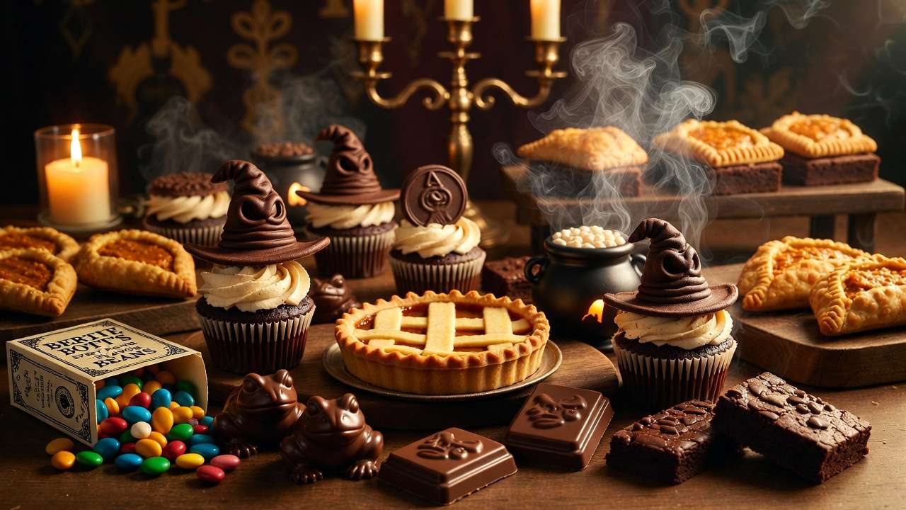 Harry Potter dessert table with chocolate frogs, Bertie Bott's beans, and Sorting Hat cupcakes
