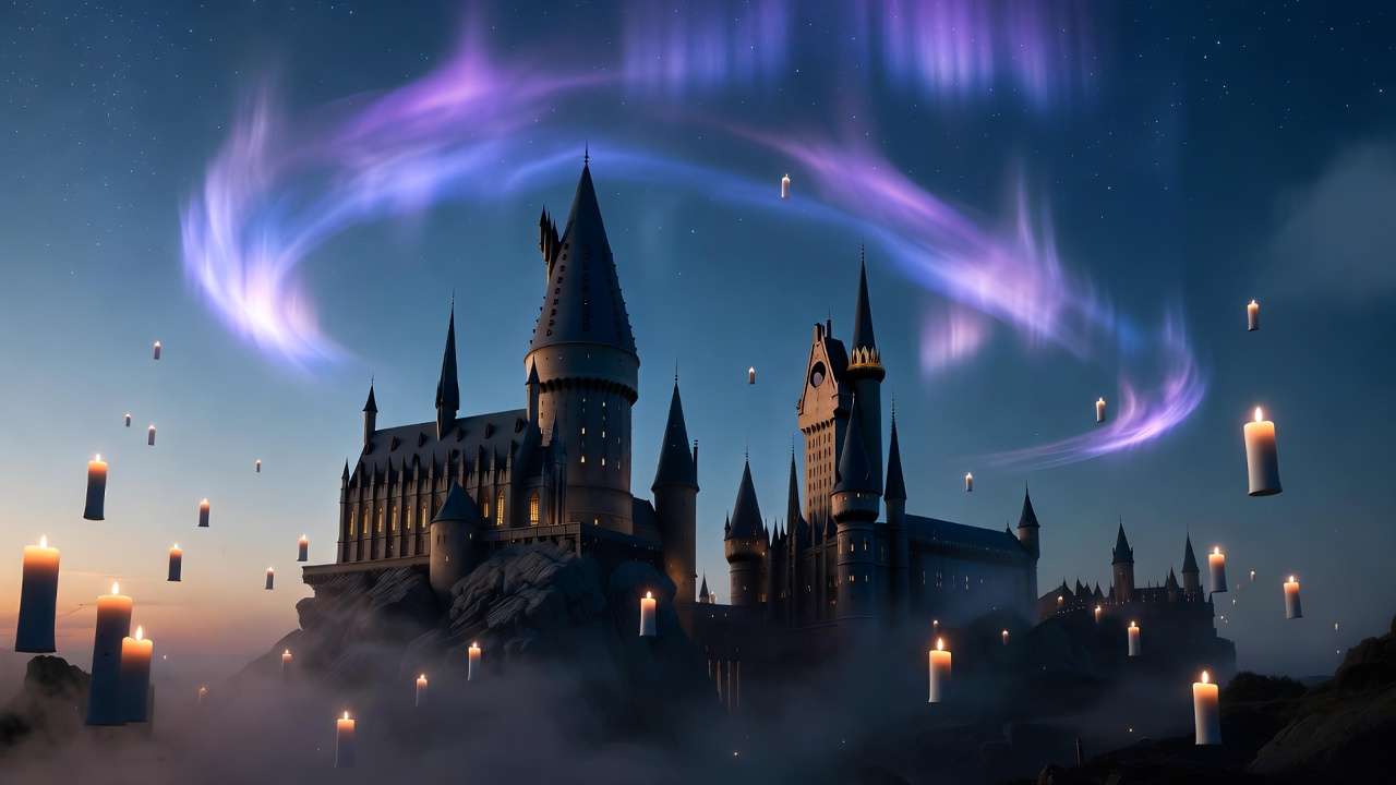 Hogwarts Castle glowing under magical twilight auroras representing the timeless appeal of the wizarding world to Gen Z