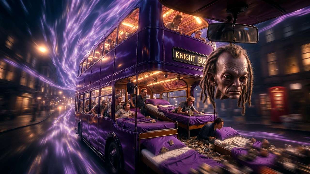 Chaotic Knight Bus ride scene with sliding beds and Dre Head Harry Potter Prisoner of Azkaban